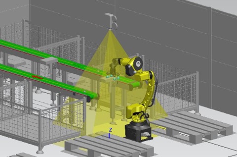 Display of the camera detection area of a virtual camera for robotic vision using Process Simulate software.