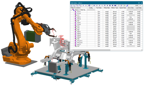 Display of the path editor and a robotic weld operation in a Process Simulate 3D simulation model.