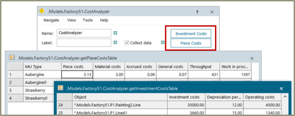 Plant Simulation 2302 cost analyzer object details.