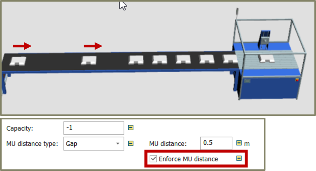 Plant Simulation 2302 conveyor part spacing.