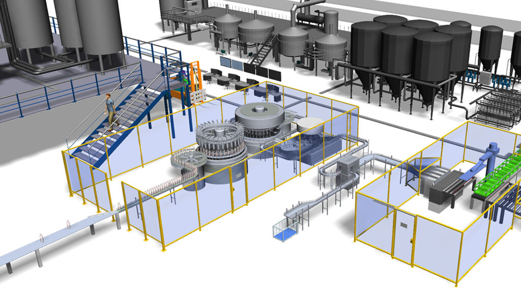 3D bottle filling simulation model in Plant Simulation software.