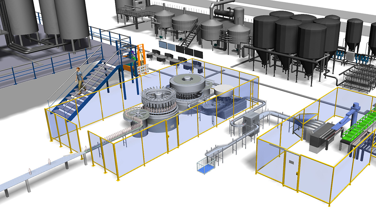 3D bottle filling simulation model in Plant Simulation software.