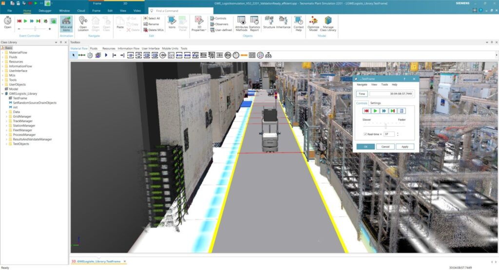 Image of automated guided vehicle simulation using Tecnomatix Plant Simulation software.