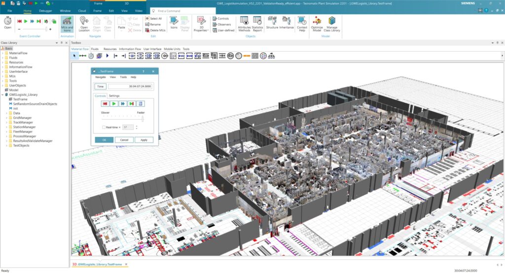 Image of the CAD layout with point cloud 3D scan data in Plant Simulation software.
