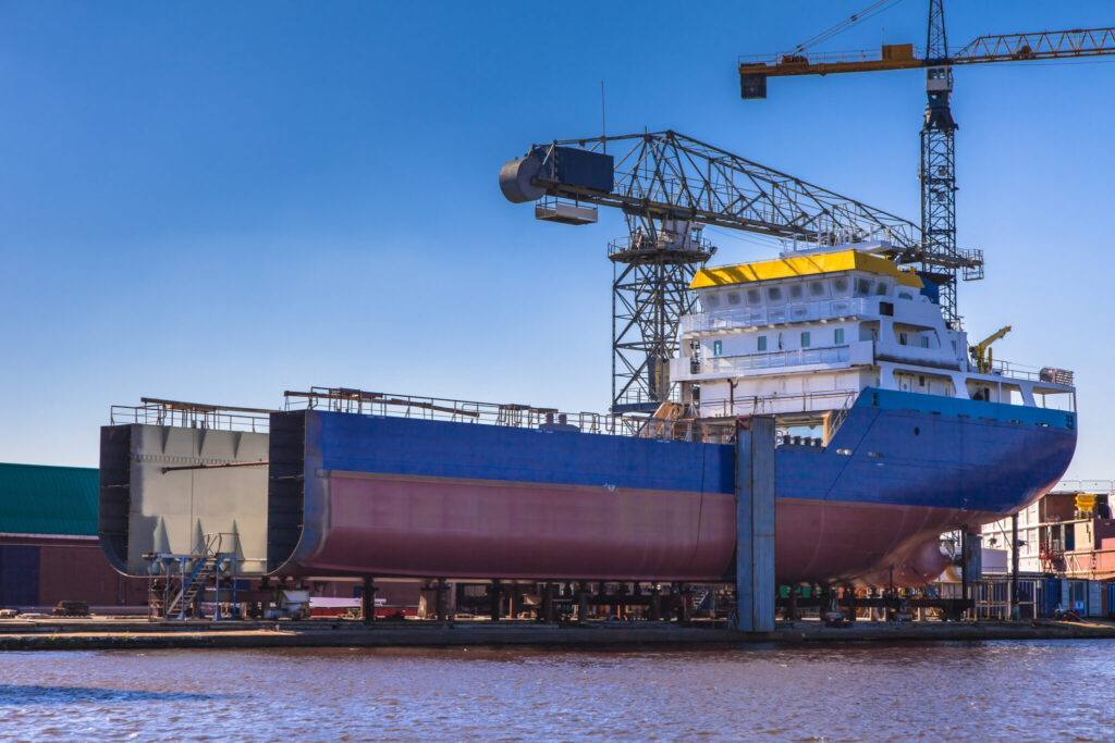 Picture of ship construction on a shipbuilding wharf in the Netherlands.