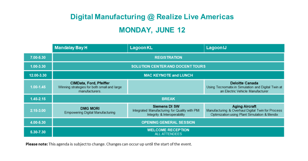 Realize LIVE 2023 Americas Monday digital manufacturing agenda.