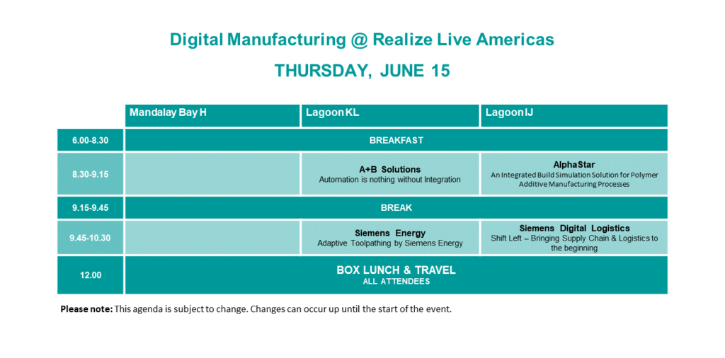 Realize LIVE 2023 Americas Thursday digital manufacturing agenda.