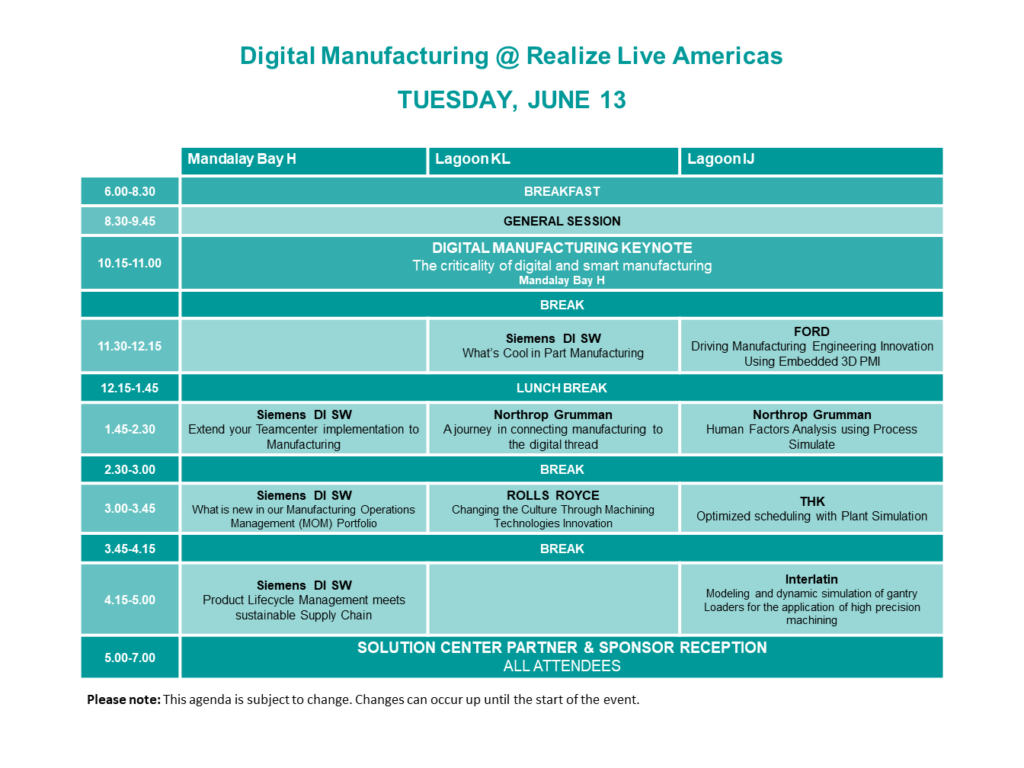 Realize LIVE 2023 Americas Tuesday digital manufacturing agenda.