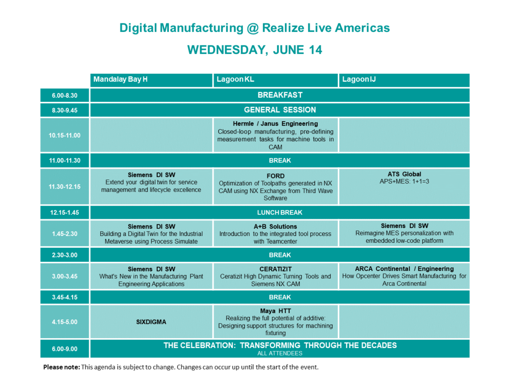 Realize LIVE 2023 Americas Wednesday digital manufacturing agenda.