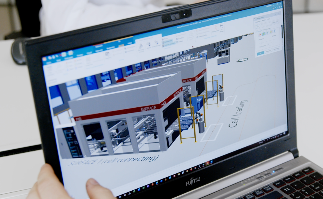 Image of photovoltaic manufacturing simulation in Siemens Plant Simulation software.