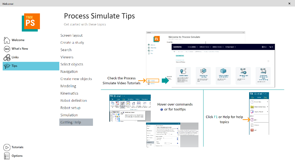 Tips have been added to the Tecnomatix Process Simulate welcome page.