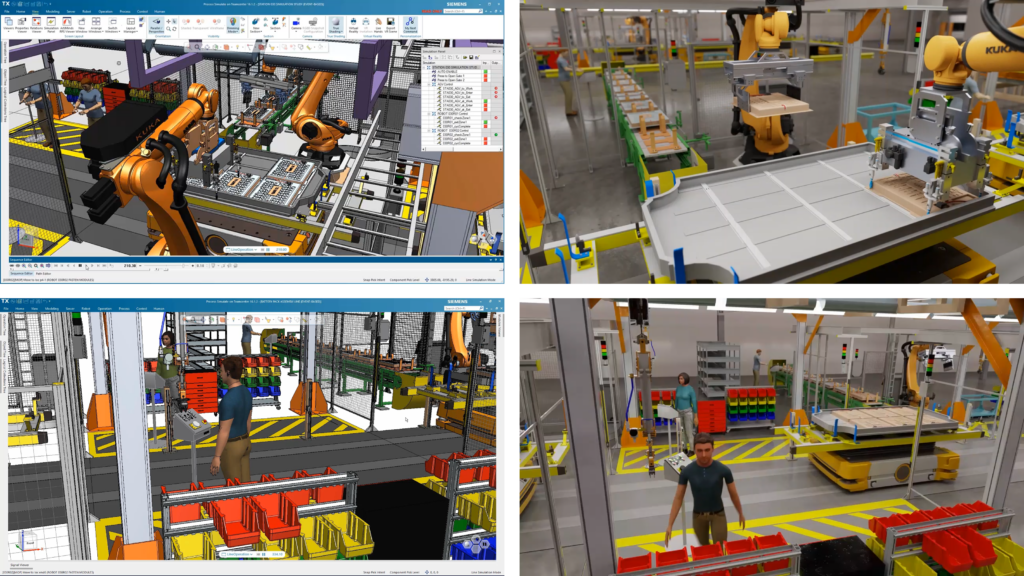 Image collection showing the interaction between Siemens software and Nvidia software for the industrial metaverse.