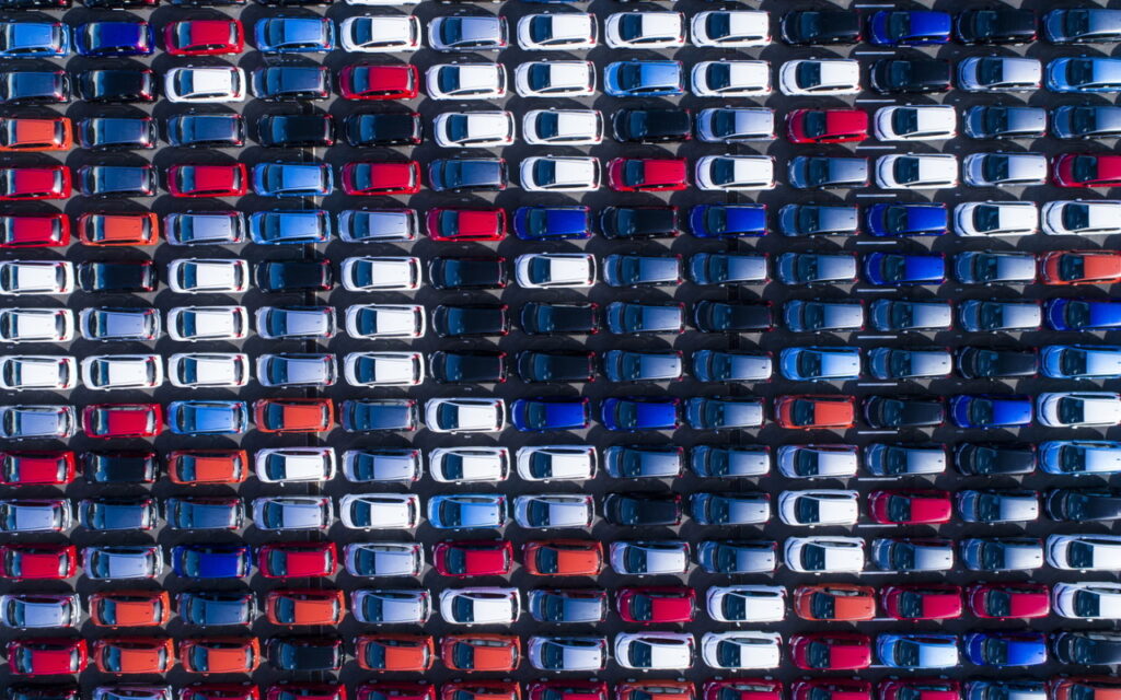 New parked cars photographed from above