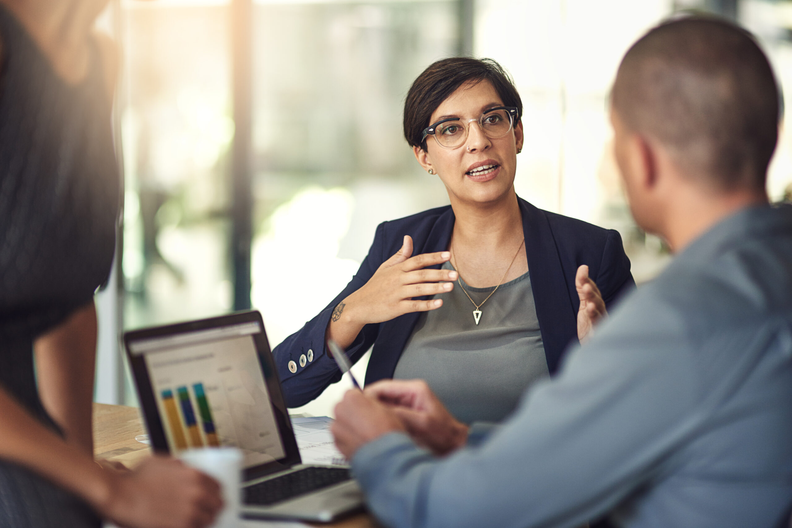 Laptop screen, graphs and business woman for data analysis meeting, financial report or b2b advice for revenue. Increase, accounting stats or finance sales of accountant people or clients on computer.