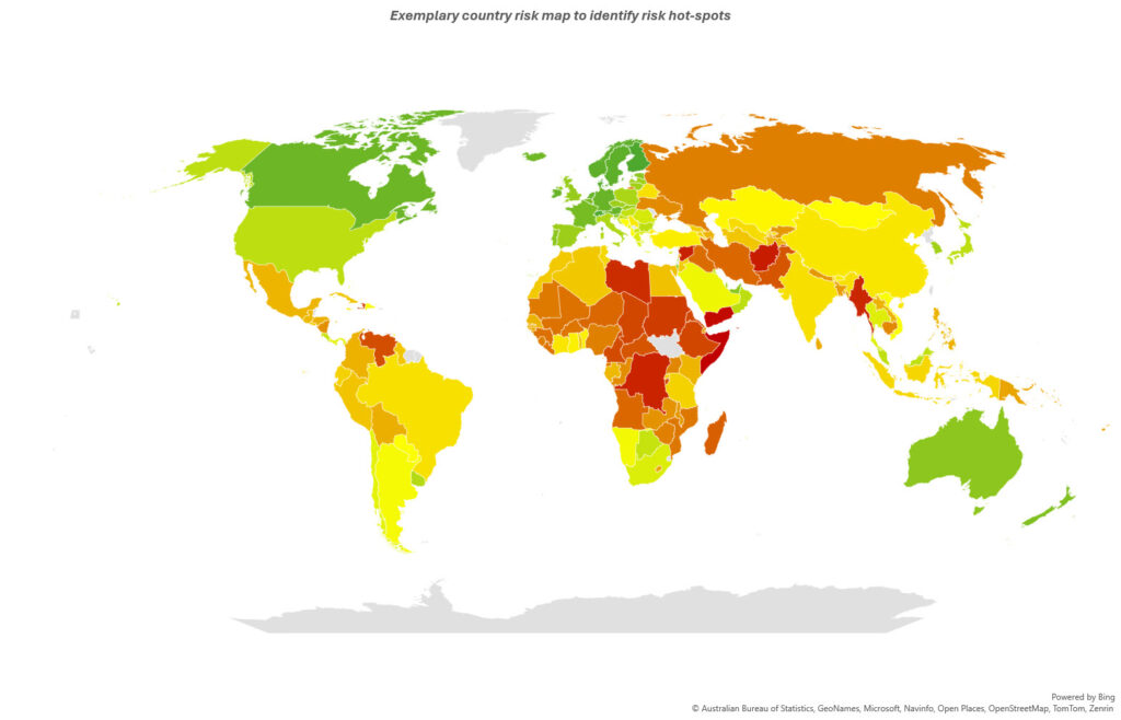 A world map highlighting risk levels by country. Countries are colored in green, yellow, orange, and red, indicating increasing risk levels. Highest risks are shown in parts of Africa and the Middle East. Low risks are depicted in green in places like North America.