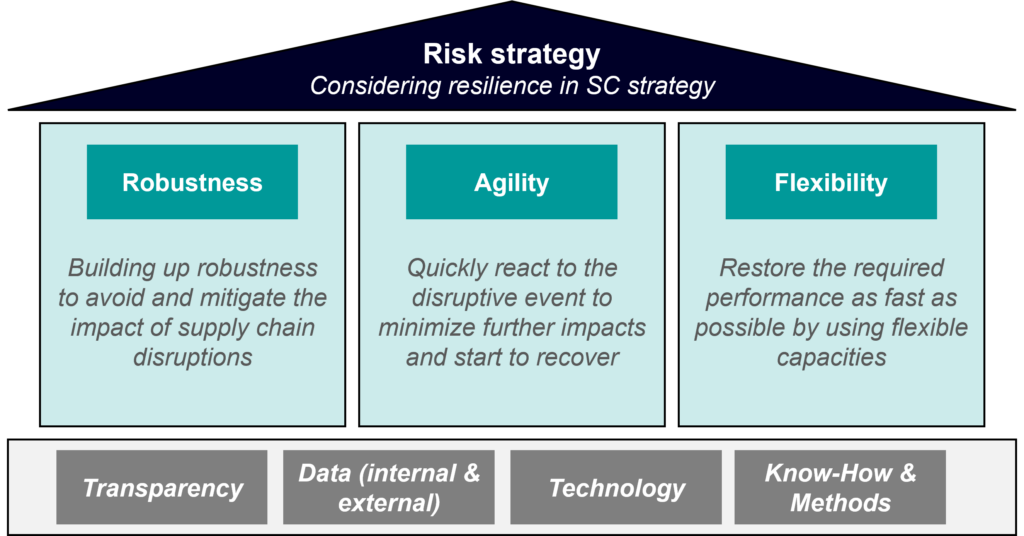 A risk strategy diagram for supply chain resilience with three sections: Robustness, Agility, and Flexibility. Each section contains descriptive text. Below are four supporting elements: Transparency, Data, Technology, and Know-How & Methods