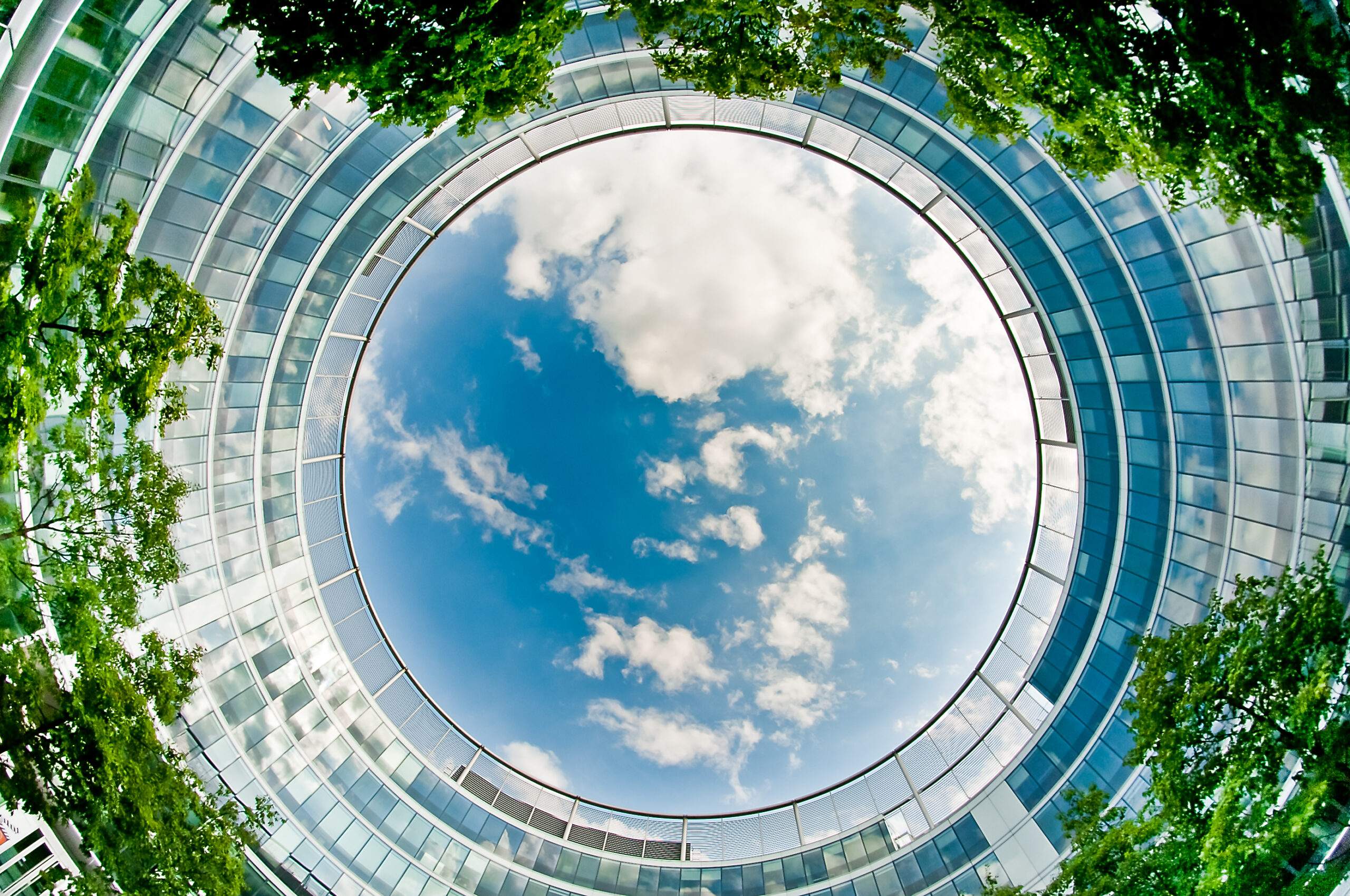 Upward view of office building from patio
