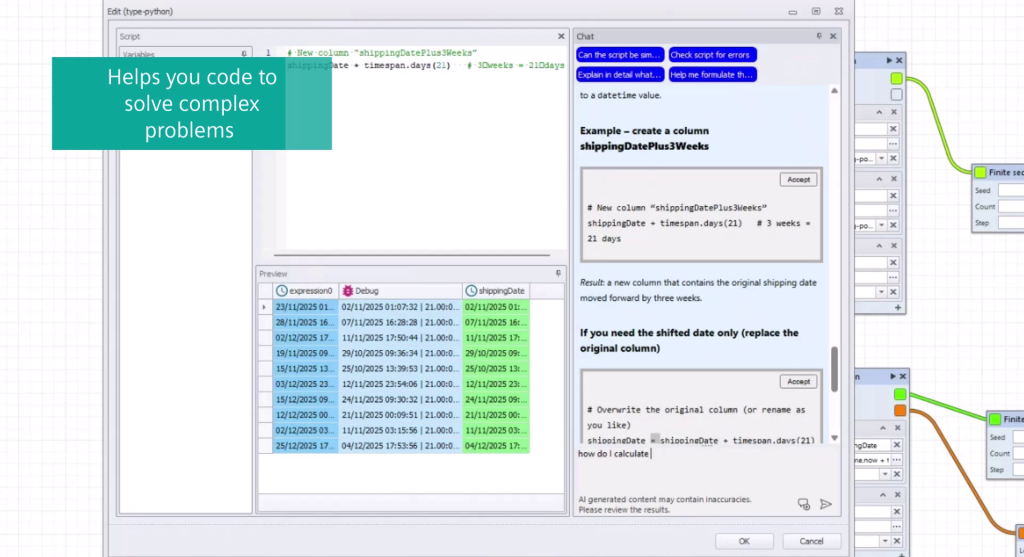 Screenshot of the AI-Assisted Expression Editor in the SCS Supply Chain Suite