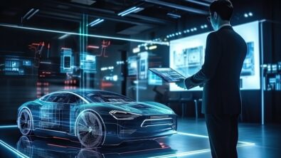Auto engineer next to virtual vehicle in lab