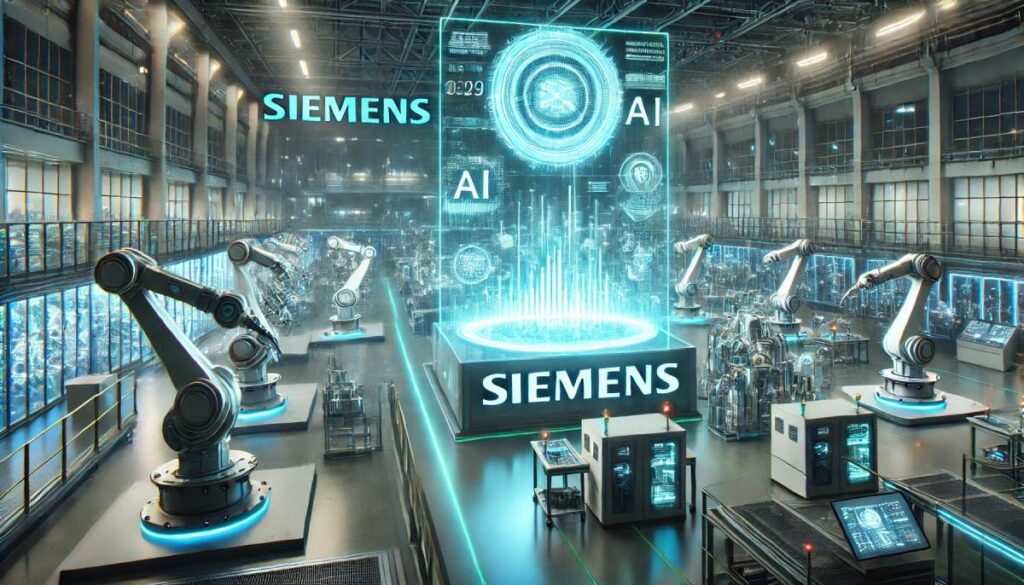 Modern factory floor with automation machines using Siemens' AI solutions for production.