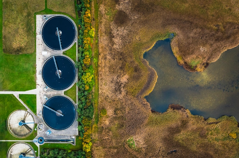 Bird's eye view of an energy plant representing sustainability in the Nordics