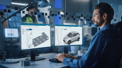 Engineer looking at two desktop screens, using CAD tools in Designcenter software suite