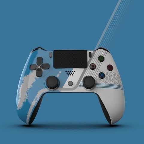 Fictional gaming controller created in Solid Edge, showcasing how The Fuel can show their customers a design in Solid Edge and the equivalent in Keyshot, demonstrating how it quickly allows them to review the design in a range of colors and finishes.