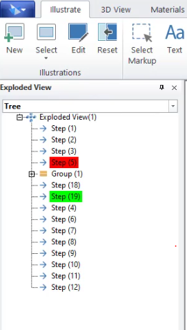 Exploded view showing steps that need attention in red