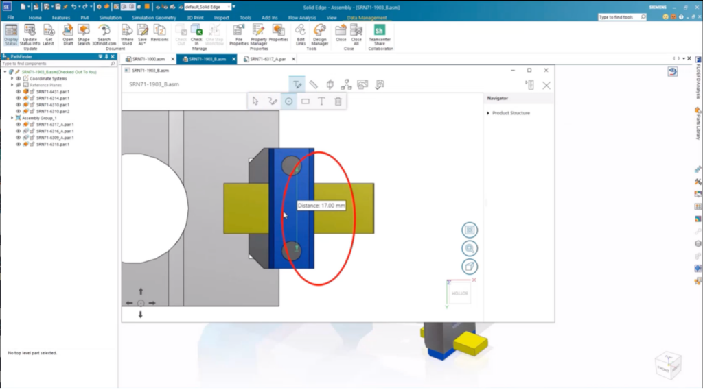 A screenshot showing markup on a project within Solid Edge