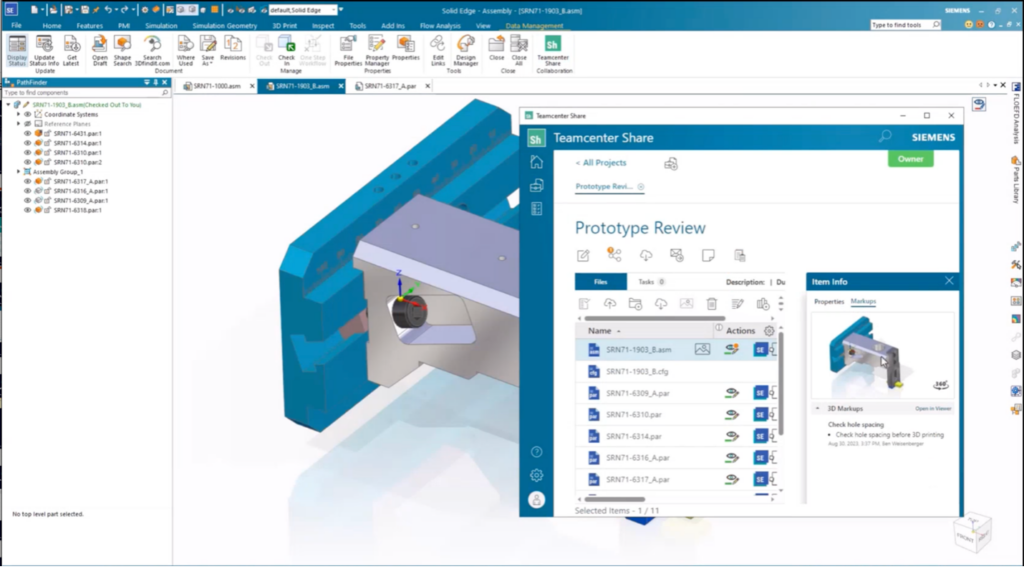 A screenshot showing a Teamcenter Share window within Solid Edge that displays a Prototype Review