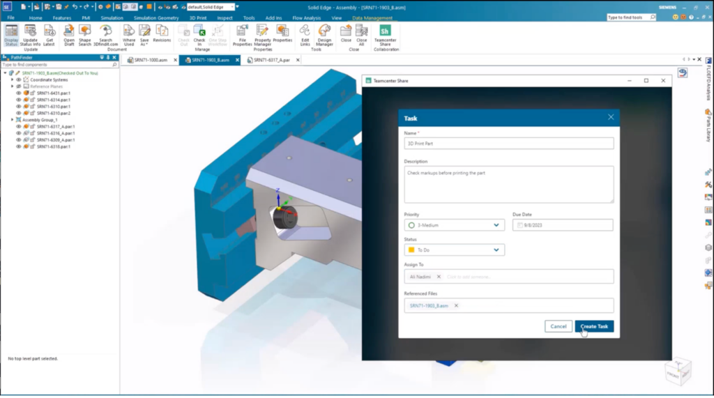 A screenshot showing the Teamcenter Share window within Solid Edge, with Tasks assignment and details