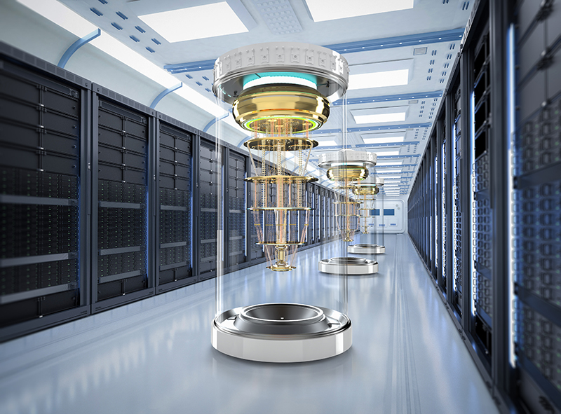 3D rendering of a network with quantum computers in a modern data center